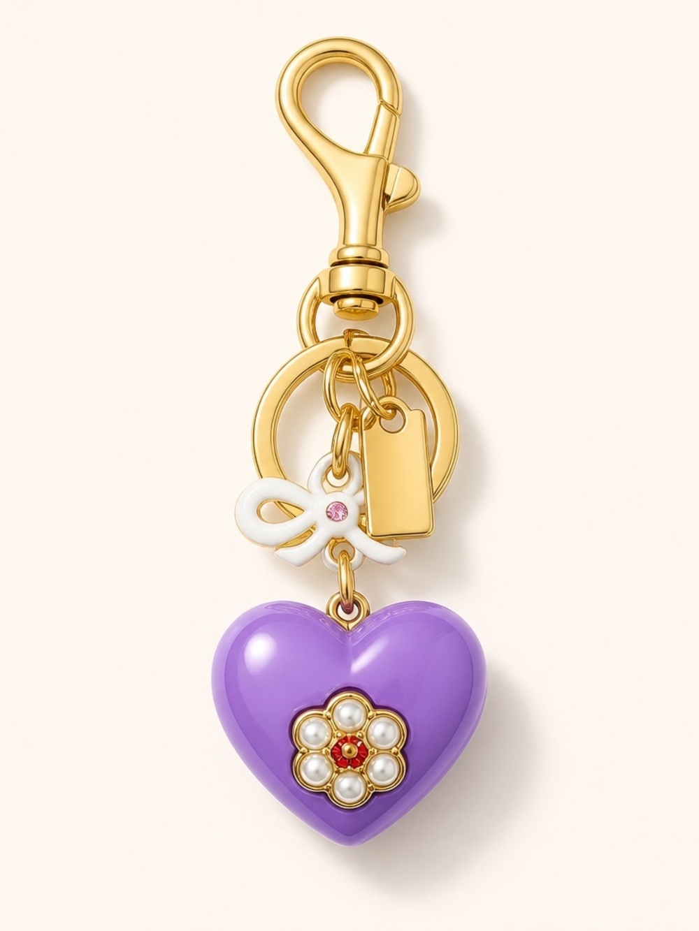 Gold-Tone Purple Heart Keychain Charm with Floral Accent